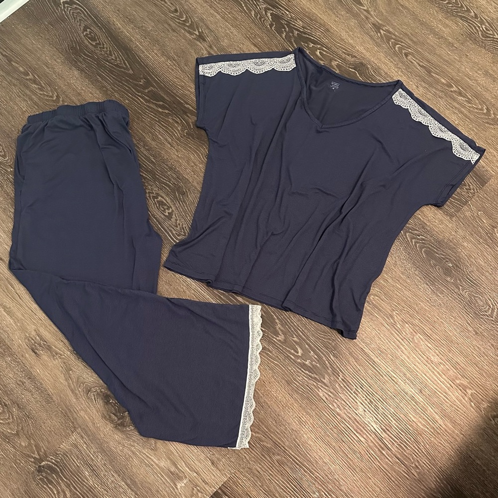 Navy Blue Lace Trim Pajama Set